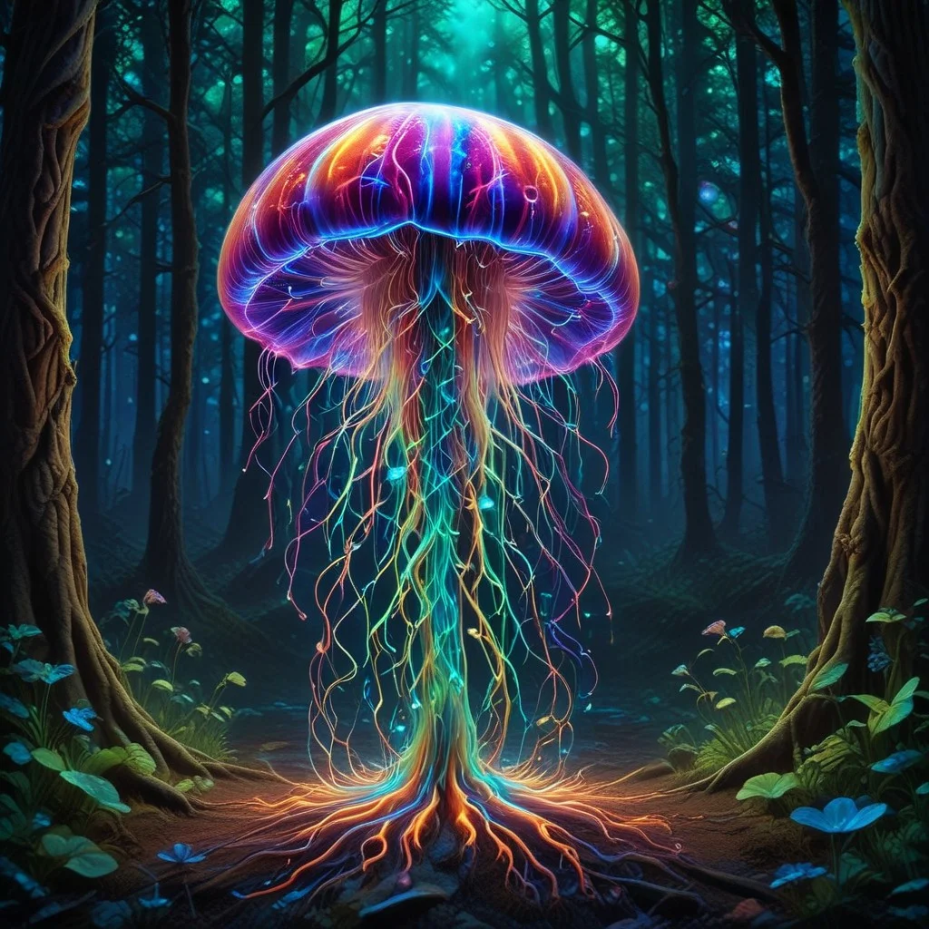 holographic translucent biolumiscent jellyfish on forest ground,alcohol ink and fluid thick oil,hyperrealistic,perfect mixed styles with amazing depth,iridescent complementary colors,dramatic flickering back light,surreal hypercreative masterwork by head of prompt engineering