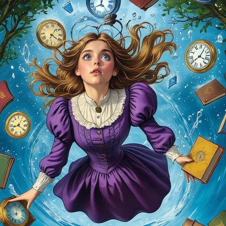 <lora:Wonderland:1> ArsMJStyle, Wonderland, The image shows a blond woman in a purple victorian dress floating in the air surrounded by trees books clocks and other objects., 1girl, dress, book, solo, clock, blue eyes, brown hair, long hair, looking up, pocket watch, long sleeves, water, puffy sleeves, watch, lying