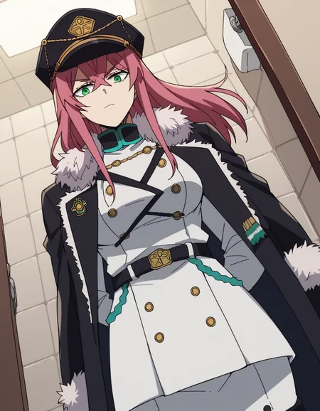 score_9, score_8_up, score_7_up, source_anime, <lora:princia-funnybunny-movie-ponyxl-lora-nochekaiser_r1:1>, princia funnybunny, long hair, green eyes, pink hair, red hair, crossed bangs, sidelocks, hat, jacket, belt, uniform, fur trim, military, military uniform, peaked cap, large breasts,, toilet stall, privacy, tiles, toilet paper, door, , from below, looking at viewer, solo,, dutch angle, cowboy shot