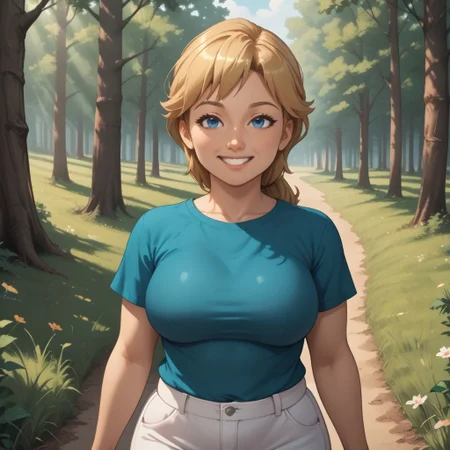 score_9, score_8, BREAK, solo, mii, wii, wii sports, 1girl, female mii, cute, plump, fat, chubby, blonde hair, blue eyes, dark green clothing, white pants, shoes, Megan_(Wii_Sports), big breasts, (((adult female, mature female))), tall, sexy pose, self portrait, smile, outdoors, sunlight, shadows, evening lighting, natural lighting, forest, trees, grass, orange sky, sunset