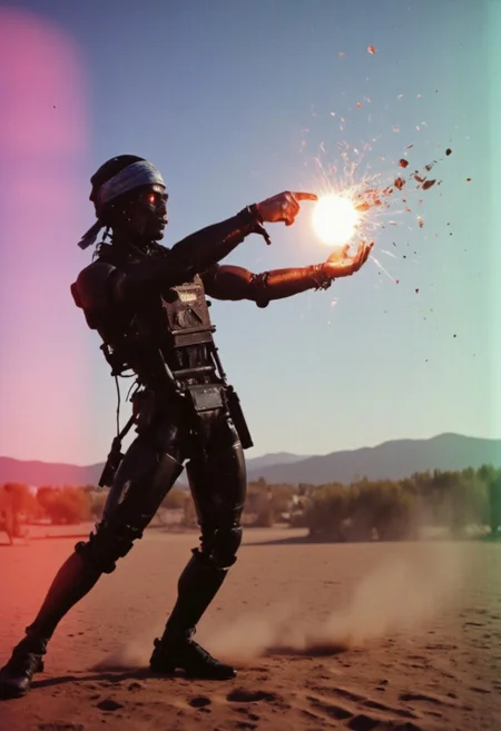 a dark black silhouette, fight stance, dunken fist, one fist up, martial arts pose, A desolate, menacing wired-cyborg robot stands fiercely in the heart of a dusty desert under a scorching sun. Its rusted, dented metal exterior is marred by the ravages of countless battles, and pieces of worn-out armor hang loosely, flapping in the dry wind. A faded bleaked blue headband, tattered and torn, is strapped around its head, a reminder of the brutal fights it has endured. In the heat of combat, the robot delivers a devastating punch, sending shrapnel and debris flying from its opponent. The force of the strike reverberates through the air, causing a violent explosion of dust and debris. Particles scatter in breathtaking slow motion, filling the hot, oppressive air as the endless, barren desert stretches behind, lifeless under the blazing sun. The robot’s glowing red eyes glint with a dangerous, cold determination, making it a truly fearsome force in this wasteland. The scene is bathed in dim, atmospheric light, with washed-out neon hues of pink, green, and blue creating a surreal and moody aesthetic.