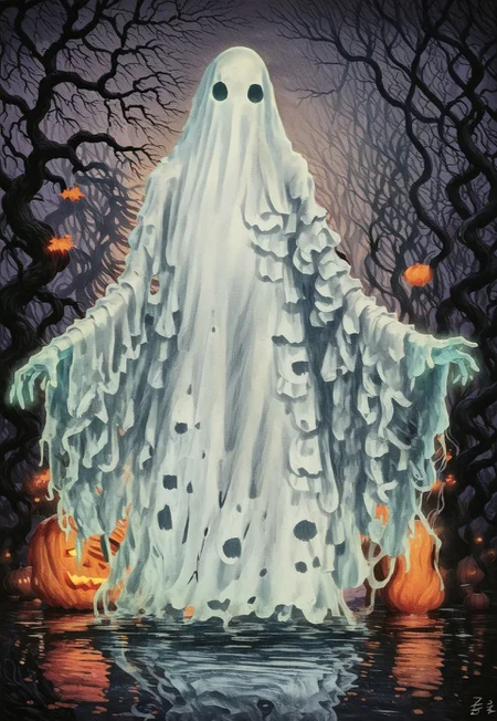 score_9, score_8_up, score_7_up, score_6_up, hllwn,MNSTR, monster girl halloween, vintage, 1girl, ghost, curvy, ghost costume, no humans, ghost, tree, halloween, bare tree, outdoors, signature, water, cemitery, traditional media.
BREAK
female body, curvy, no pupils,