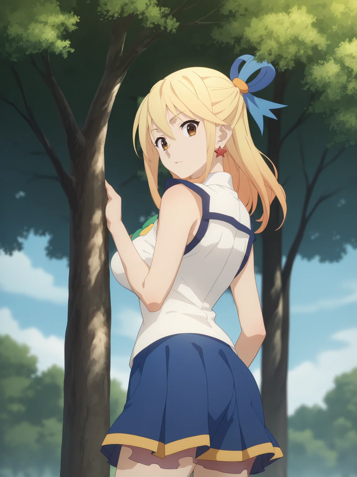 score_9, score_8_up, score_7_up, score_6_up, score_5_up, source_anime, smooth_anime,
Lucy_Heartfilia, 1girl, solo, brown_eyes, blonde_hair, ribbon, hair_ribbon, looking_at_viewer, long_hair, outdoors, jewelry, earrings, breasts, looking_back, sleeveless, blue_ribbon, skirt, shirt, tree, large_breasts, sleeveless_shirt, blue_skirt, long_skirt, day
<lora:Konosuba:1>