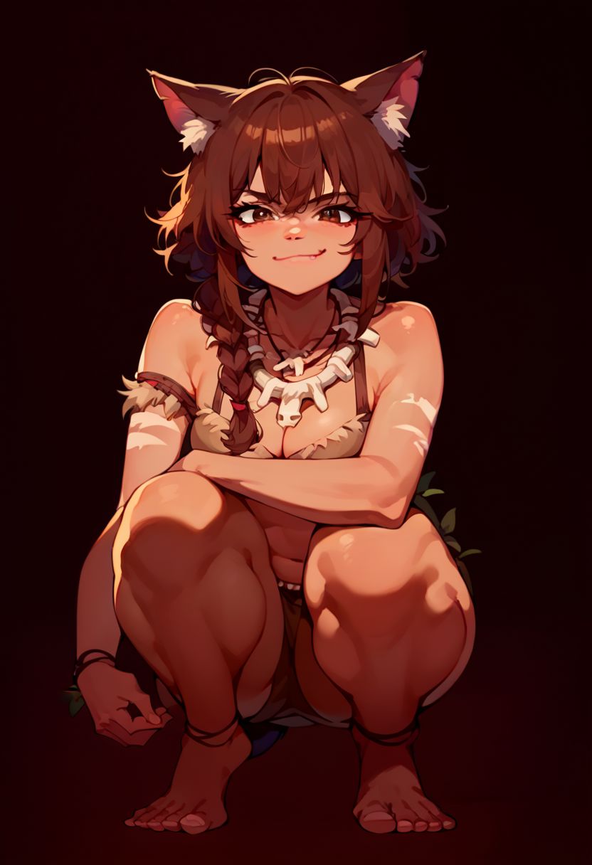 score_9, score_8_up, score_7_up, score_6_up, source anime, {{tags}}, kuronagamimi, cat girl, cat ears, cat tail, animal ear fluff, jungle background, blurry background, single braid, brown eyes, zzSavage, bone necklace, tribal, smirk, squatting