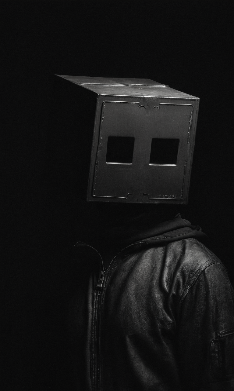man, dark, box head, close-up, portrait, huleebstyle, helmet, dark, monochrome, (simple:1.2), <lora:HuleebStyle_v1:0.85>