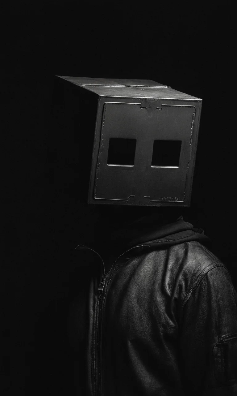 man, dark, box head, close-up, portrait, huleebstyle, helmet, dark, monochrome, (simple:1.2), <lora:HuleebStyle_v1:0.85>