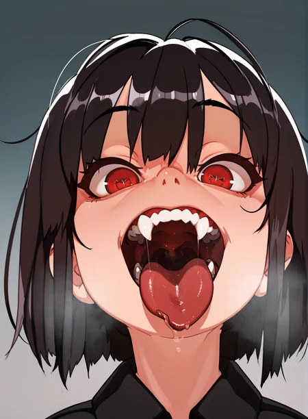 1girl, <lora:Fangs:1> fangs, fang, long fangs, open mouth, red eyes, tongue out, <lora:Naze:0.6> naze, short black hair, heavy breathe, masterpiece, masterpiece, best quality, amazing quality,, high details, very detailed skin, high resolution, <lora:add_detail:1.3>
