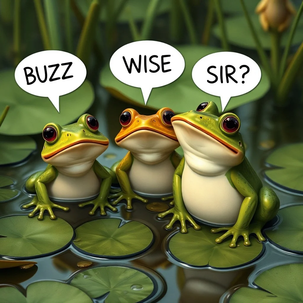 Three frogs, photorealistic, swamp, lily pads, speech bubbles "BUZZ" "WISE" "SIR?"