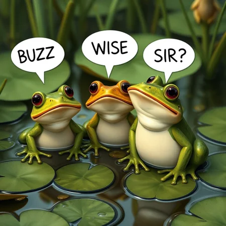 Three frogs, photorealistic, swamp, lily pads, speech bubbles "BUZZ" "WISE" "SIR?"