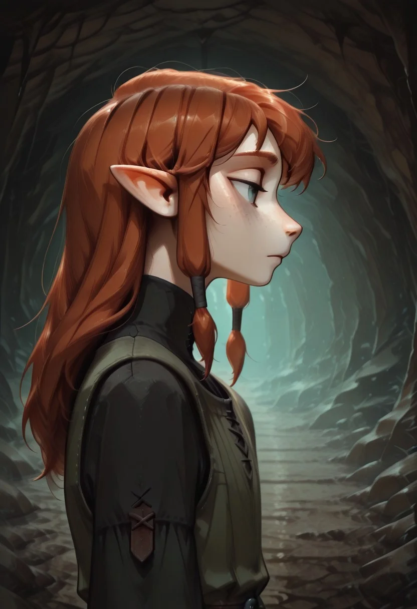 1person, Lapanya, Malgha, freckles, pointy ears, Long-sleeve black shirt, green tunic,
Close up, side view,
Underground, organic cavern,