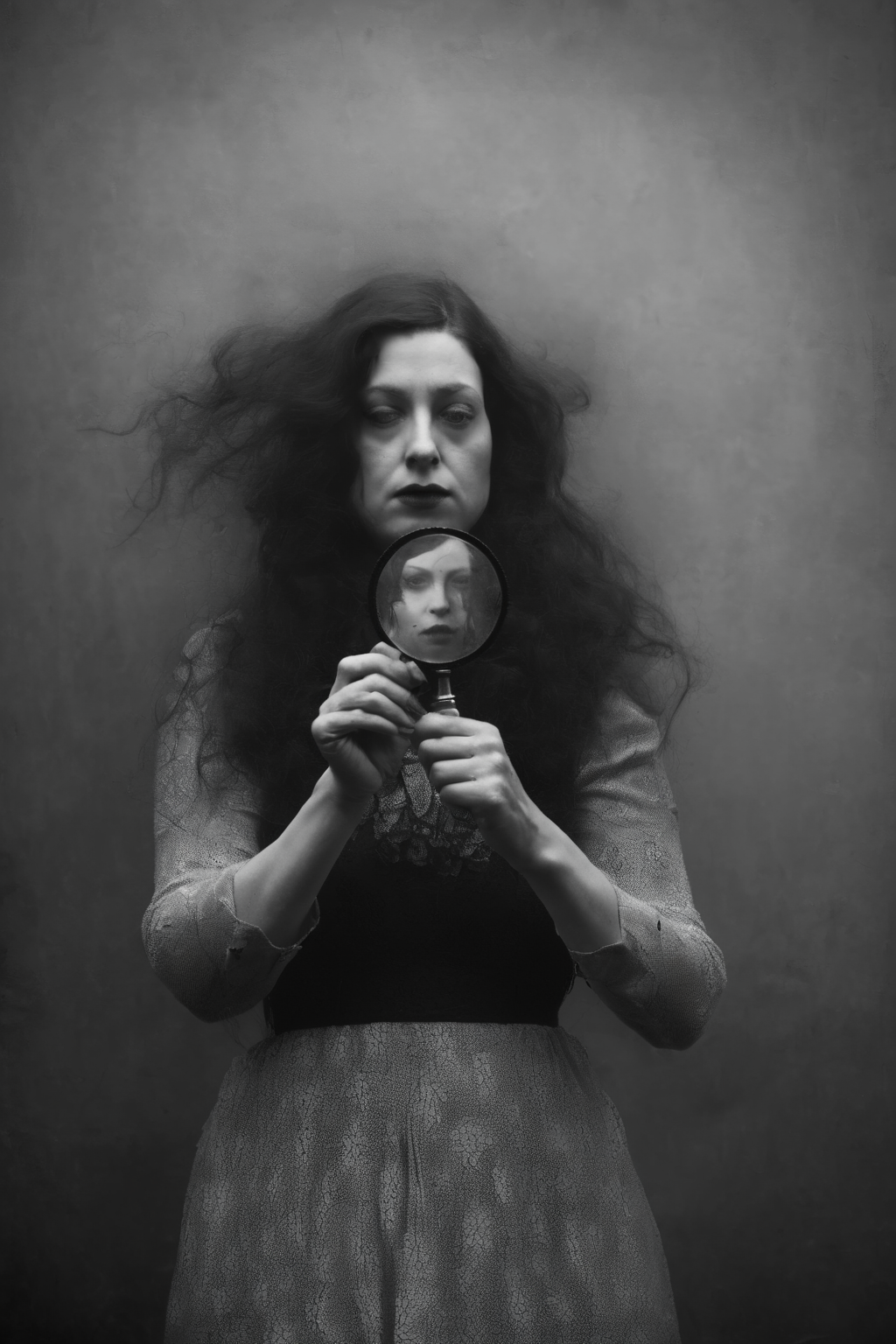<lora:Photographer Maren Klemp Style:1>Photographer Maren Klemp Style - a black and white photo of a woman holding up a magnifying glass