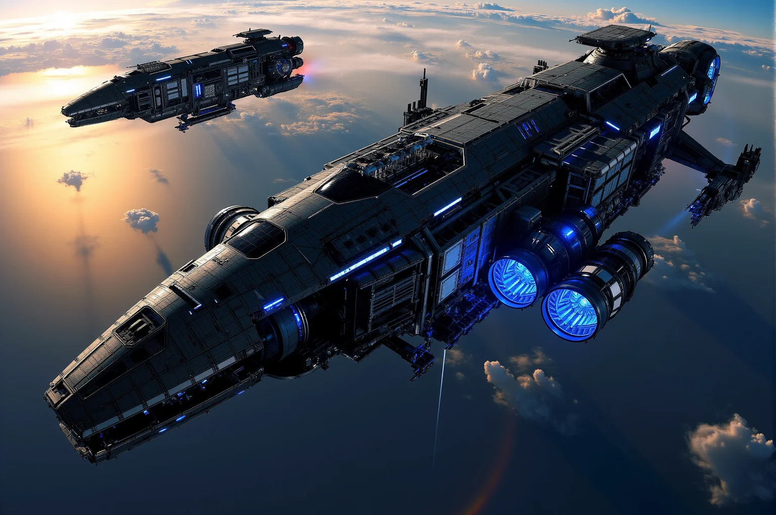 <lora:SpaceCraft_v.1:0.8> SPCCRFT style. Two colossal spacecraft from the United Space Research fleet orbit above Earth's atmosphere, their sleek yet industrial designs reflecting an advanced era of deep-space exploration. The ships' exteriors are adorned with intricate paneling, exposed mechanical details, and bold blue accents that complement the metallic grays and blacks of their armored hulls. Solar panels, conduits, and modular compartments are seamlessly integrated along the ships' elongated forms, suggesting a high degree of functionality and self-sufficiency. The engines, a cluster of powerful thrusters encased in reinforced plating, emit a faint blue glow, hinting at advanced propulsion technology designed for long-duration missions. The foreground vessel features observation decks and docking hatches, with meticulously arranged sensor arrays and communication relays extending from its forward section, underscoring its scientific and exploratory purpose. The background spacecraft, slightly out of focus, mirrors the same intricate engineering, emphasizing the fleet's uniformity and scale. Below, Earth's cloud-covered surface is bathed in the warm hues of a setting sun, casting a golden glow that contrasts with the cool, sterile tones of the spacecraft. The lighting is expertly composed, with lens flares and subtle reflections enhancing the realism and cinematic quality of the scene. The image embraces a photorealistic sci-fi art style, characterized by high-detail textures, dynamic lighting, and precise use of color to evoke a sense of wonder and technological ambition.