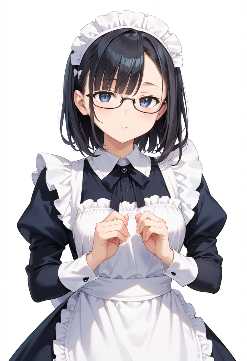 score_9, score_8_up, score_7_up, rating_safe, masterpiece, best quality, absurdres, unity 8k wallpaper, official art, official style, source_anime, uncensored, game cg, megami magazine,
1girl, solo, black hair, medium hair, upper body, covered eyes,maid, maid headdress, black dress, maid apron, face focus,
underrim_metal, glasses, still life, white background, simple background, under-rim eyewear, black-framed eyewear, 
 <lora:glasses_underRimMetal_PONY_V1:1>