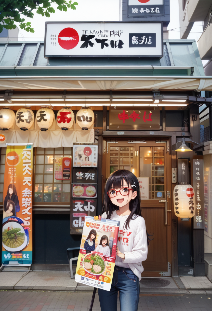 score_9, score_8_up, score_7_up, rating_safe, masterpiece, best quality, absurdres, unity 8k wallpaper, official art, official style, source_anime, uncensored, game cg, megami magazine,
1girl, solo, glasses, black hair, long hair, white ribbed sweater, jeans, happy, smile, looking at viewer, open mouth, solo focus, waving, 
tenkaippin, storefront, scenery, no humans, sign, outdoors, building, shop, lantern, paper lantern, city, street, power lines, road, japan, cityscape, tree, window, poster (object), utility pole
 <lora:tenichi_pony_V1:1>