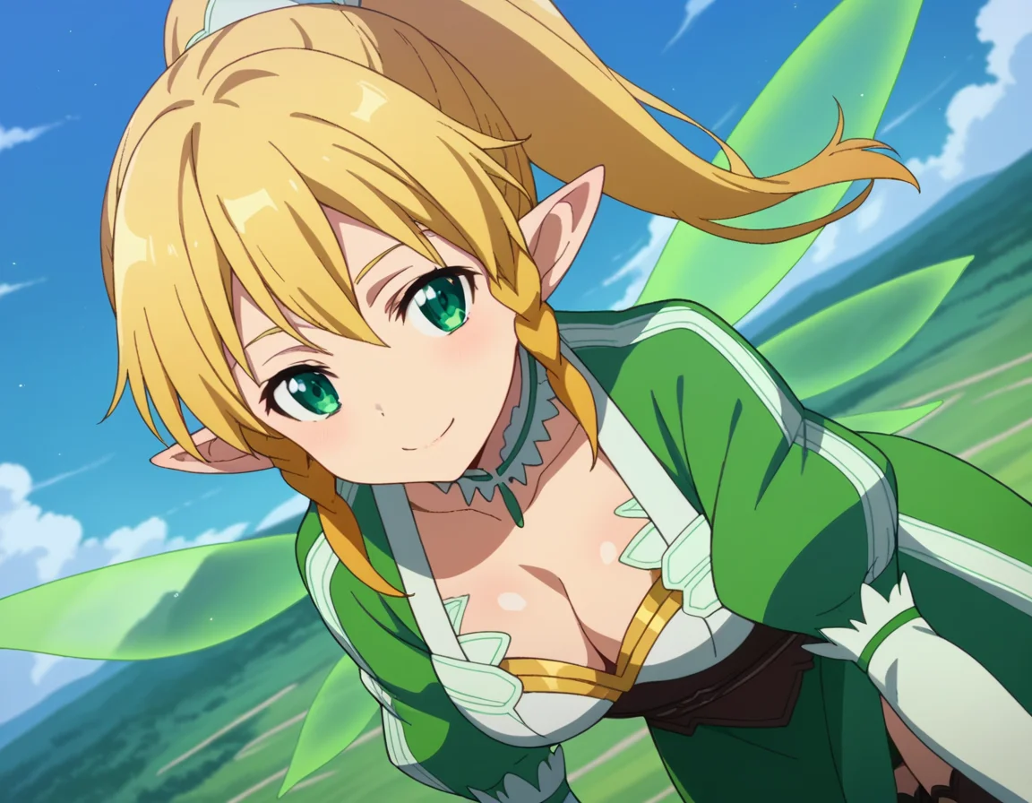 score_9, score_8_up, score_7_up, source_anime,
suguhakirigaya, <lora:suguha-kirigaya-s1-ponyxl-lora-nochekaiser:1>,
suguha kirigaya, long hair, blonde hair, hair between eyes, green eyes, ponytail, braid, pointy ears, twin braids,
thighhighs, cleavage, wings, green dress, fairy wings, fairy, multiple wings, spread wings, energy wings, glowing wings, green wings,
outdoors, landscape, smile, bent over,
looking at viewer, cowboy shot, solo, dutch angle,