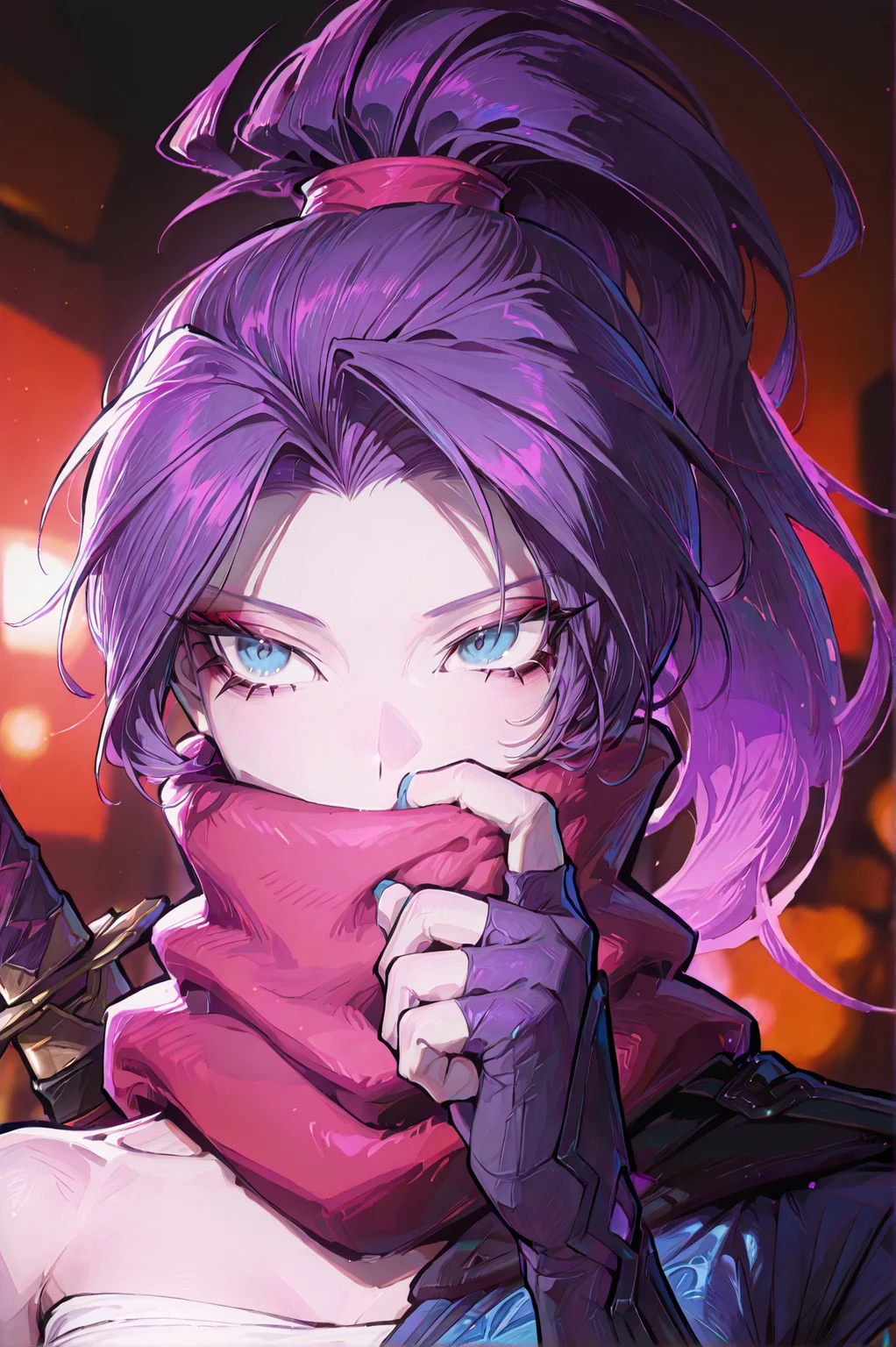 1girl, solo, (portrait:1.5), 30y, <lora:Psylockev1_Illu_Dwnsty:1> psylocke_mvr, blue eyes, purple hair, high ponytail, parted bangs, long hair, red scarf, scarf over mouth, japanese clothes, chest sarashi, kimono, sash, red belt, obi, single shoulder pad, fingerless gloves, arm guards, nail polish, blue nails, black footwear, blue thighhighs, sheath, weapon on back, blurry background, <lora:cgel-style-richy-v1_ixl:1>, <lora:princess_xl_v2:1>, <lora:illustrious_noobai_epsilon_pred_11_very_aesthetic_v1:1> masterpiece, best quality, very aesthetic, absurdres, <lora:illustrious_noobai_epsilon_pred_1_best_quality_v1:0.8> masterpiece, best quality, very aesthetic, absurdres, masterpiece, best quality, amazing quality, very aesthetic, absurdres, ultra-detailed, newest
