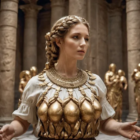 Beautiful woman, braided hair, sanity, fertility blouse,resembling arthemis of Ephsesus statue inside a roman temple, ,masterpiece, 8k, award winning, high quality, best quality, cinematic, extremely detailed, intense lighting, epic, extremely detailed <lora:Artemis_Ephesus:0.8>realistic photo, masterpiece, movie scene, white fertility blouse