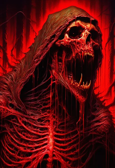 Score_9, score_8_up, score_7_up, best quality, highly detailed, colorful, 
 no humans, eldritch abomination, monster,    rotten, bones, horror, horror theme, hood,
 blood, bleeding, ,( beam of light:2),
dark red neon background, red backlighting, low light, red lighting, red neon shadow, dramatic lighting, extreme dark theme,