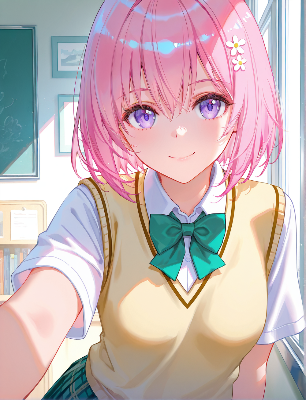 MoBD, detailed, 1girl, school uniform, solo, pink hair, short hair, purple eyes,  (two hair ornament), green skirt, plaid skirt, looking at viewer, sweater vest, green bow tie, smile, good anatomy, skin detailed, close up, 
8k,best quality,masterpiece,(ultra-detailed),
((artist:reoen),(artist:fuzichoco),(artist:atdan),(artist:torino_aqua),year 2024:0.8)1girl,[artist:wlop],[artist:ningen_mame],artist:ciloranko,[[artist:rhasta]],artist:tidsean,colorful,
