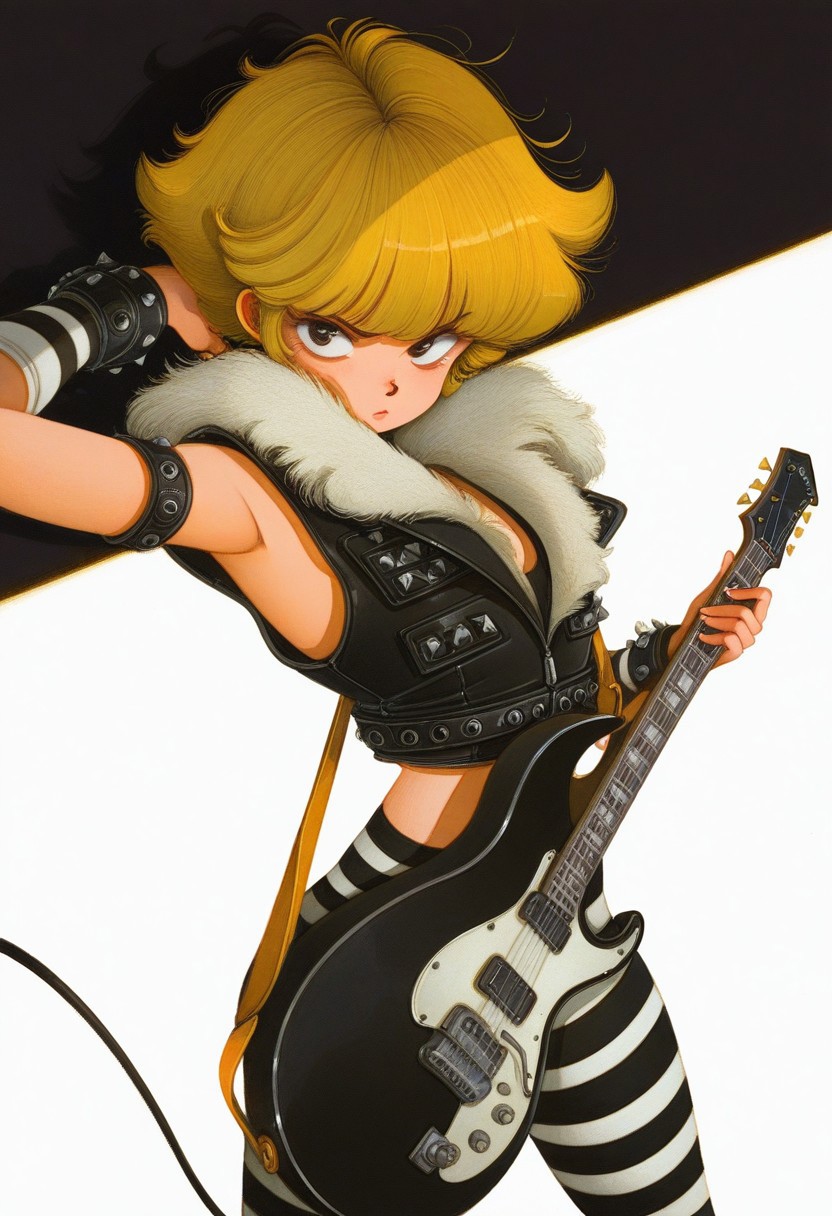 masterpiece, best quality, very aesthetic, absurdres, 
80s punk fashion, neon colors, airbrushed shading, dynamic pose, rebellious rockstar aesthetic, solo, cowboy shot, young woman, wild white-blonde hair, fierce expression, black leather vest with fur trim, black and white striped leggings, black high heels, holding a black electric guitar, grungy stage lighting, white background, 
fr-pi-il