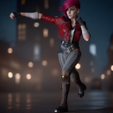 cinematic photo a woman, full body, pink hair, red jacket, punches, steampunk city background, (((text ''VI''))) <lora:Vi1024-V2:0.8> . 35mm photograph, film, bokeh, professional, 4k, highly detailed