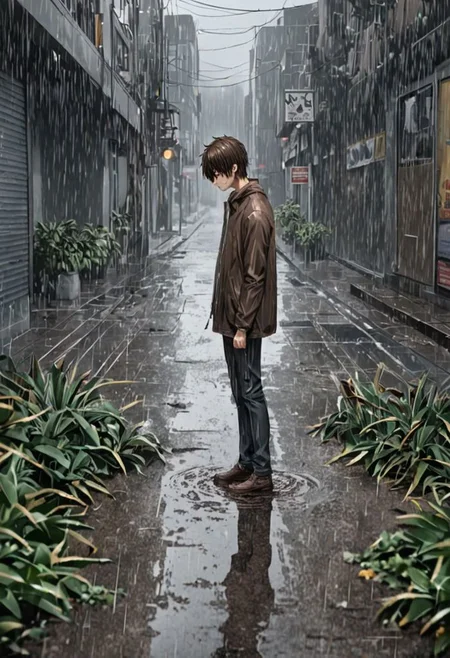 Highres, Masterpiece, High Quality, 4K, 8K, solo, 1Boy, Seiya Kanie, short dark brown hair, golden eyes, footpath, urban, wet, slippery, puddle, heavy rain, overcast, dark, drenched, weak, beaten, looking down, sad, wet hair, withered plants, easynegative, detailed_eye_model