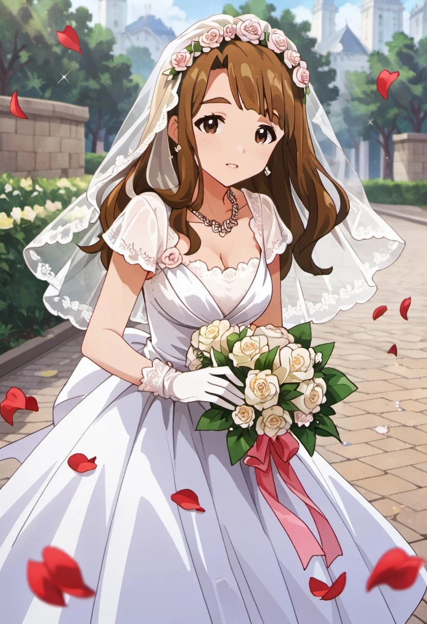 score_9, score_8_up, score_7_up, source_anime,miyao miya, brown hair, long hair, brown eyes, 1girl, dress, flower, gloves, veil, wedding dress, solo, bouquet, jewelry, petals, necklace, bridal veil