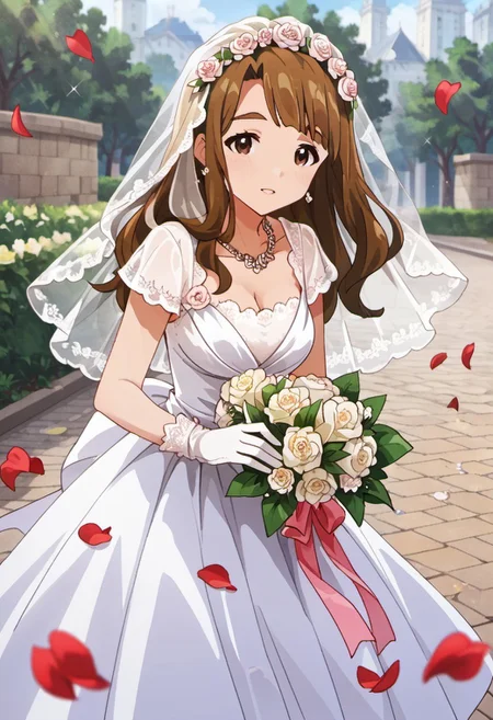 score_9, score_8_up, score_7_up, source_anime,miyao miya, brown hair, long hair, brown eyes, 1girl, dress, flower, gloves, veil, wedding dress, solo, bouquet, jewelry, petals, necklace, bridal veil