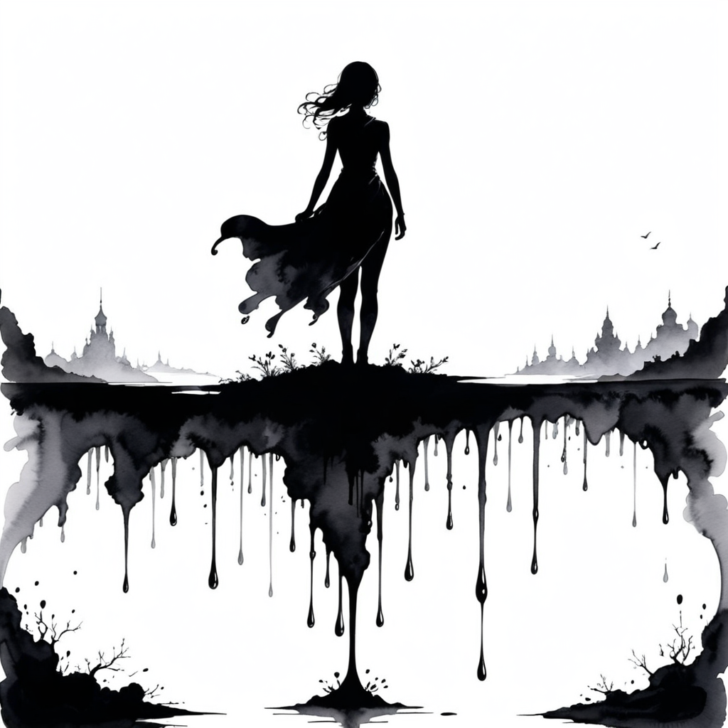 Ink Dripping Drawing of Silhouette of Eons on the Horizon of Eternity <lora:add-detail-xl:0.85>, ink drawing, ink splash, ink wash, dripping ink