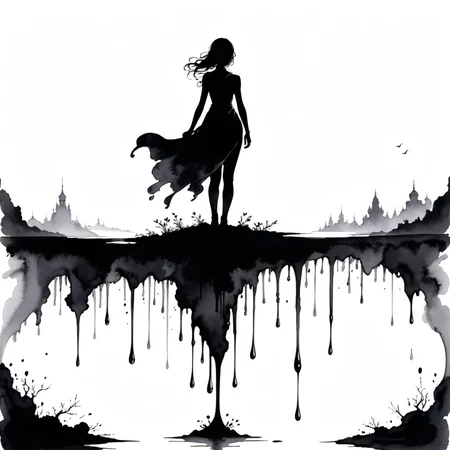 Ink Dripping Drawing of Silhouette of Eons on the Horizon of Eternity <lora:add-detail-xl:0.85>, ink drawing, ink splash, ink wash, dripping ink
