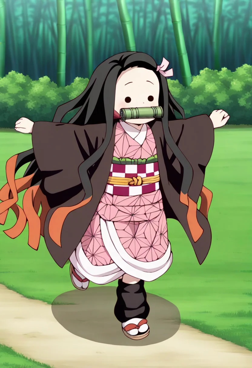 best quality, amazing quality, very aesthetic, absurdres,anime screencap, nezukoc,1girl,solo,full body,solid circle eyes,black hair,female child,two-tone hair,very long hair,black haori,pink kimono, checkered obi, pink hair ribbon,long sleeves,running,spread arms,grass, bamboo bit gag, expressionless,asa no ha \(pattern\), black leg warmers, <lora:NezukoIllus:1>