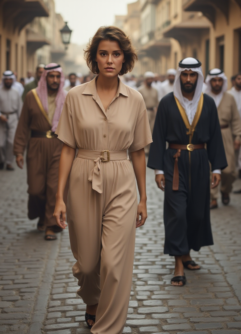 SFW, The image shows a woman walking on a cobblestone street. She is wearing a long, beige jumpsuit with a belt cinching her waist. Her e hair is styled in loose waves and she is looking directly at the camera with a serious expression. Behind her, there are several men wearing traditional Arab clothing, including robes and headscarves. The street is lined with buildings and there are street lamps hanging from the buildings. The overall mood of the image is somber and contemplative., aidmaimageupgrader<lora:flux\custom\celebrity\amanda-bearse.safetensors:1.0:1.0> <lora:turbo-8-step-flux.safetensors:0.5:0.5> <lora:flux\style\Common\aidmaImageUprader-FLUX-v0.3.safetensors:0.25:0.25>