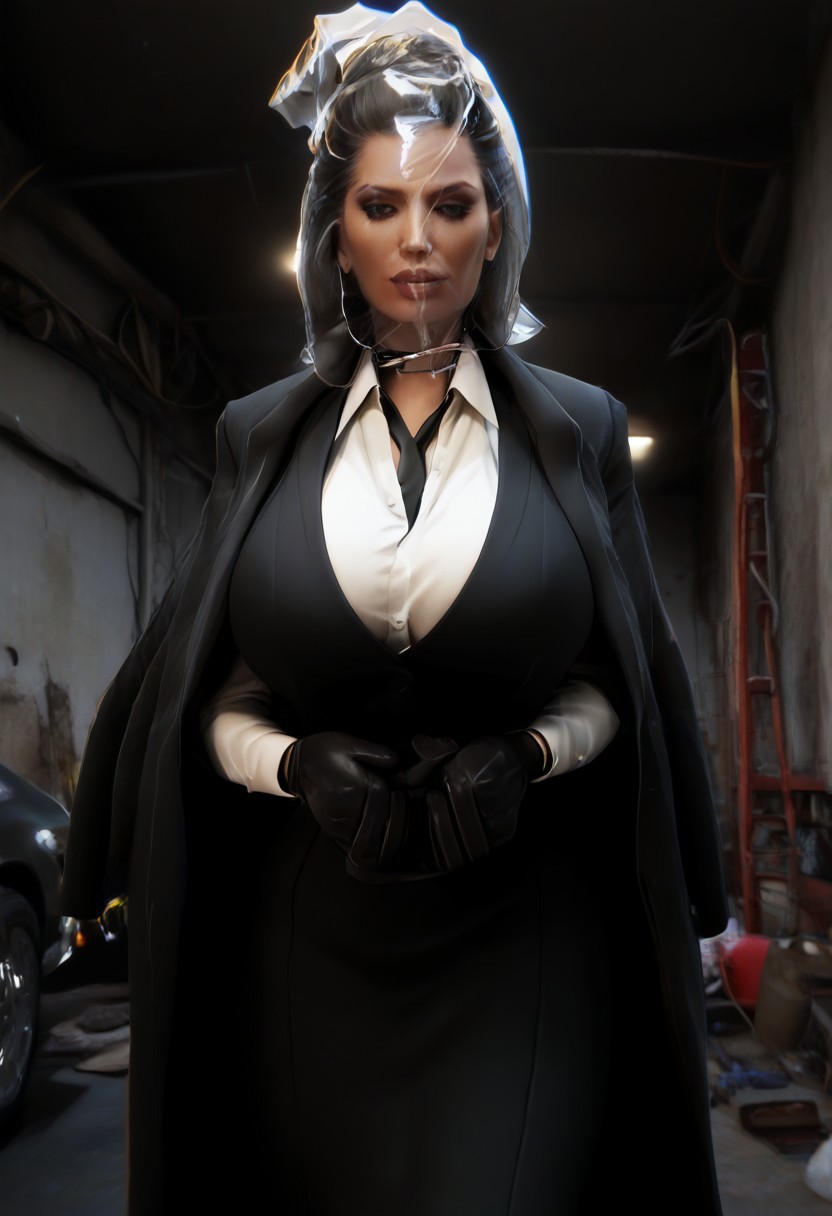 (Sexy busty) woman with (gigantic breasts)+++ and (large high hair updo)+++ (plastic bag)+++ (bag over head)+++ mafi4, necktie, gloves, suit, white shirt, black vest, black skirt, coat, (in a garage)+++