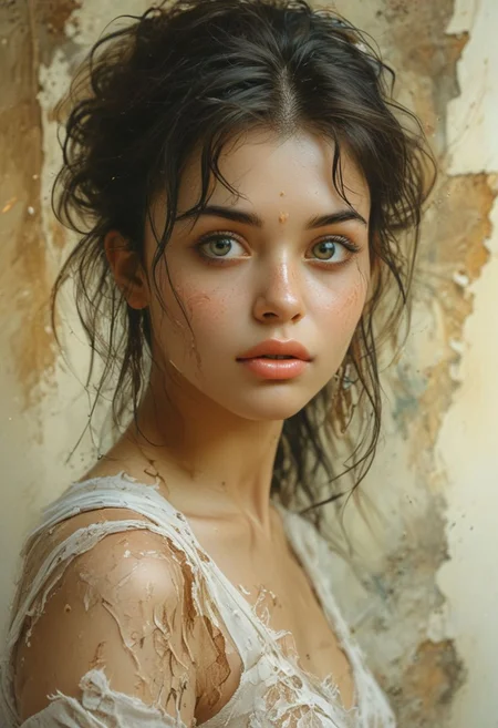 OverallDetail, Awe-inspiring painting, epic scene, dust centred, approaching perfection, concept art, Mid shot, mid body, lean, long, over the shoulder of a beautiful young indian Lady with wild black hair, (Her delicate features, adorned with a warm glow of health and happiness, are highlighted by the intricate details of her makeup. The contours of her high cheekbones and the perfect arch of her eyebrows are emphasized by expert application of kohl, drawing attention to her striking facial features.), plain background, Dramatic light, Cinematic, Masterpiece,