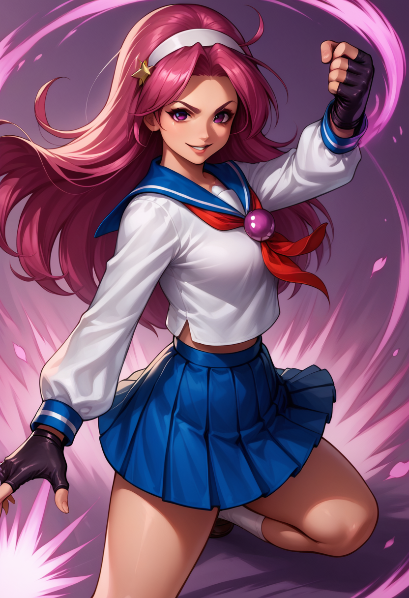 score_9, score_8_up, score_7_up, score_6_up, source_anime BREAK <lora:AthenaKOFXIII:0.9>, AthenaKOFXIII, pink hair, white hairband, serafuku, pearl (gemstone), blue pleated skirt, fingerless gloves,  fighting stance, open hand, looking at viewer, purple background,  parted lips, smile, purple magic,