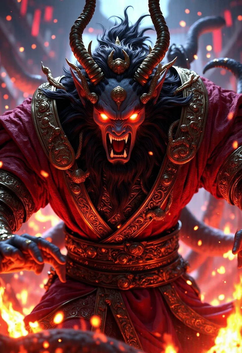 a cinematic fullbody shot of an ancient chinese demon god, screaming angry, wearing ancient clothes and robes, glowing eyes, magical fire around him, horns, insane details, super realisti , hkgod, mythp0rt