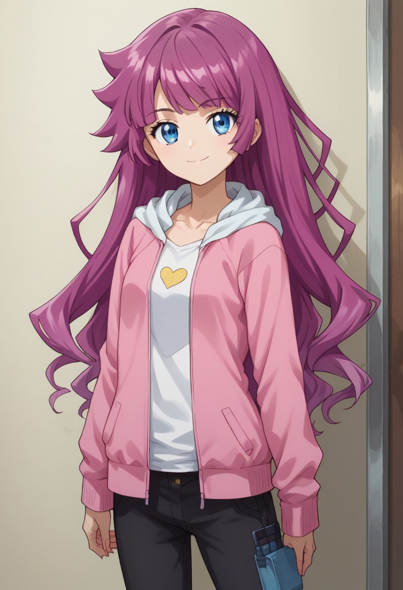 score_9, score_8_up, score_7_up, source_anime, highly detailed,
rominkassidy, 1girl, solo, blue eyes, long hair, purple hair, 
smile, looking at viewer, hoodie,
bangs, pants,
indoor,