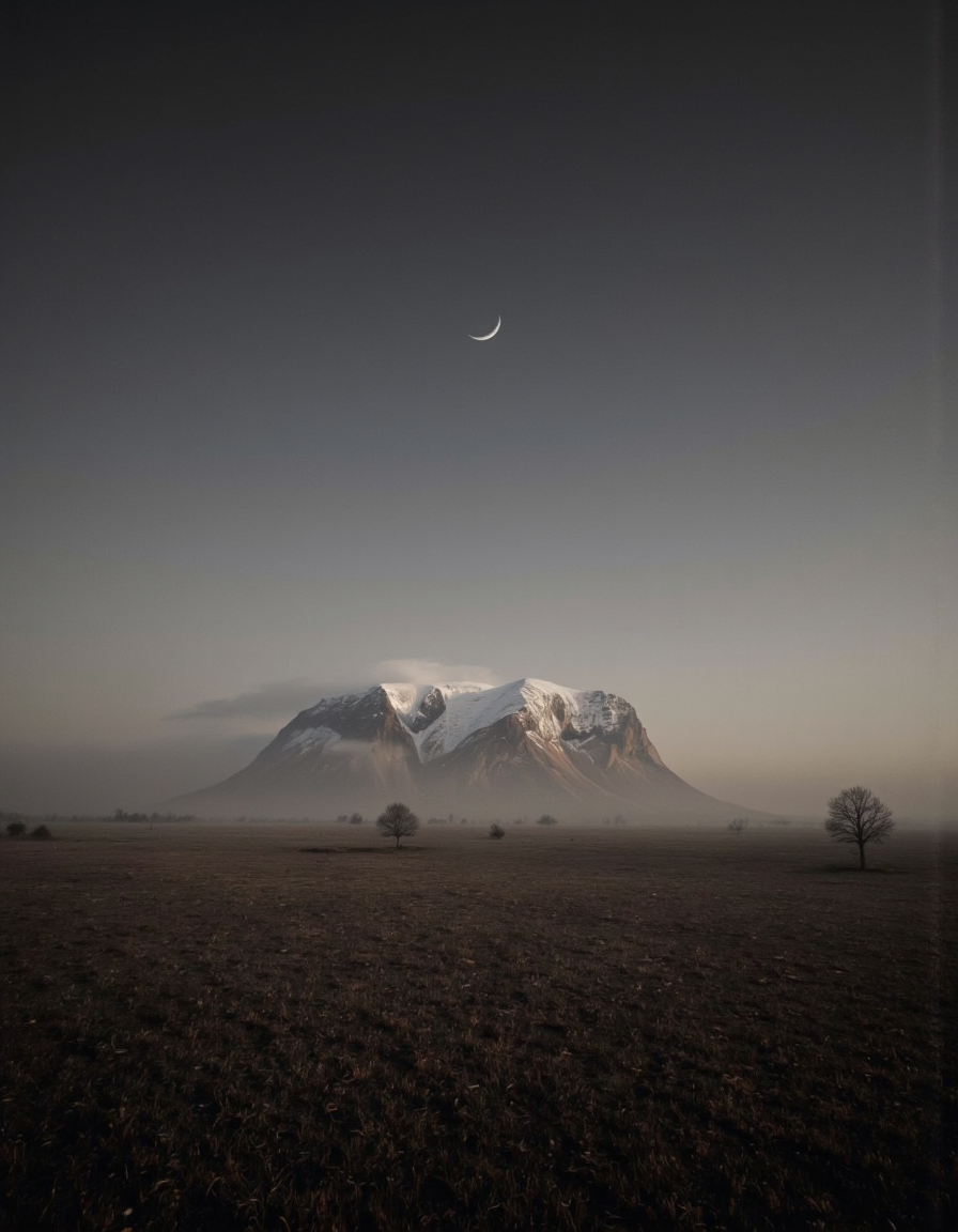 A photograph taken from a low angle, looking up at a crescent moon in the sky over a vast expanse of grassy plain with a distant mountain in the distance. the scene is serene and peaceful, with no humans present in sight. in the center of the image, a large, imposing, snow-covered mountain stands out against the hazy, misty landscape. the mountain is silhouetted against the dark, foggy sky, with a few small, sparse trees scattered across the plain. the grass is a dark brown color, contrasting with the muted tones of the sky, creating a sense of tranquility and serenity. the moon is partially obscured by a thin layer of fog, casting a soft glow over the landscape, adding to the serene atmosphere. the overall mood is one of peacefulness and tranquility, with the distant mountain providing a stark contrast to the vastness of the landscape. <lora:Landscapes_II_epoch_8:0.9>
