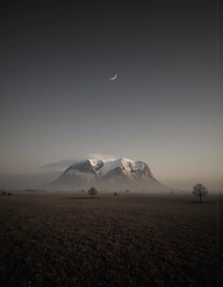 A photograph taken from a low angle, looking up at a crescent moon in the sky over a vast expanse of grassy plain with a distant mountain in the distance. the scene is serene and peaceful, with no humans present in sight. in the center of the image, a large, imposing, snow-covered mountain stands out against the hazy, misty landscape. the mountain is silhouetted against the dark, foggy sky, with a few small, sparse trees scattered across the plain. the grass is a dark brown color, contrasting with the muted tones of the sky, creating a sense of tranquility and serenity. the moon is partially obscured by a thin layer of fog, casting a soft glow over the landscape, adding to the serene atmosphere. the overall mood is one of peacefulness and tranquility, with the distant mountain providing a stark contrast to the vastness of the landscape. <lora:Landscapes_II_epoch_8:0.9>