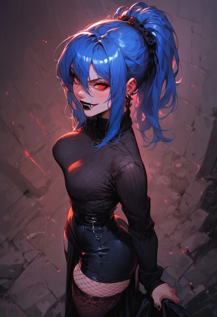 score_9, score_8_up, score_8_up, raw, photo, source_anime, 2.5D, rating-explicit, Goth girl, high detail, detailed face, Expressiveh,1girl, blue hair, anime bangs, hair between eyes, ponytail, red eyes, detailed eyes, girl, big ass, huge thighs, wide hips, perfectly round breasts, medium breasts, petite body, skinny, wide hips, makeup. light skin, tiny breasts, narrow waist, wide hips, bubble butt, black lipstick, short girl, wide hips, Expressiveh, gigantic thighs, huge thighs,
black sweater, wide skirt, fishnets, thigh highs, slender, goth clothes, night, dark, dark sky, dynamic angle, long skirt, high angle view, looking up at viewer, side profile, walking away, smirk, fangs