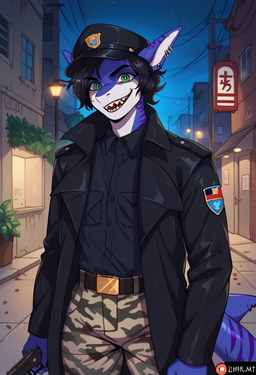 ziffir_stylepxl,  score_9, score_8_up, score_7_up, 1boy, solo, lunarsunxl, anthro shark,dark blue skin, stripes on the body, short hair,lush hair,black hair, green eyes, shark tail, ear piercing, BREAK, black officer's cap of the USSR soldiers, long black leather raincoat, black fingerless gloves, camouflage pants, looks at the viewer, predatory gaze, crazy eyes, wide smile, shark teeth, bloody face, holds a mauser pistol in his hands, background night alley of the city, night, dark atmosphere, horror