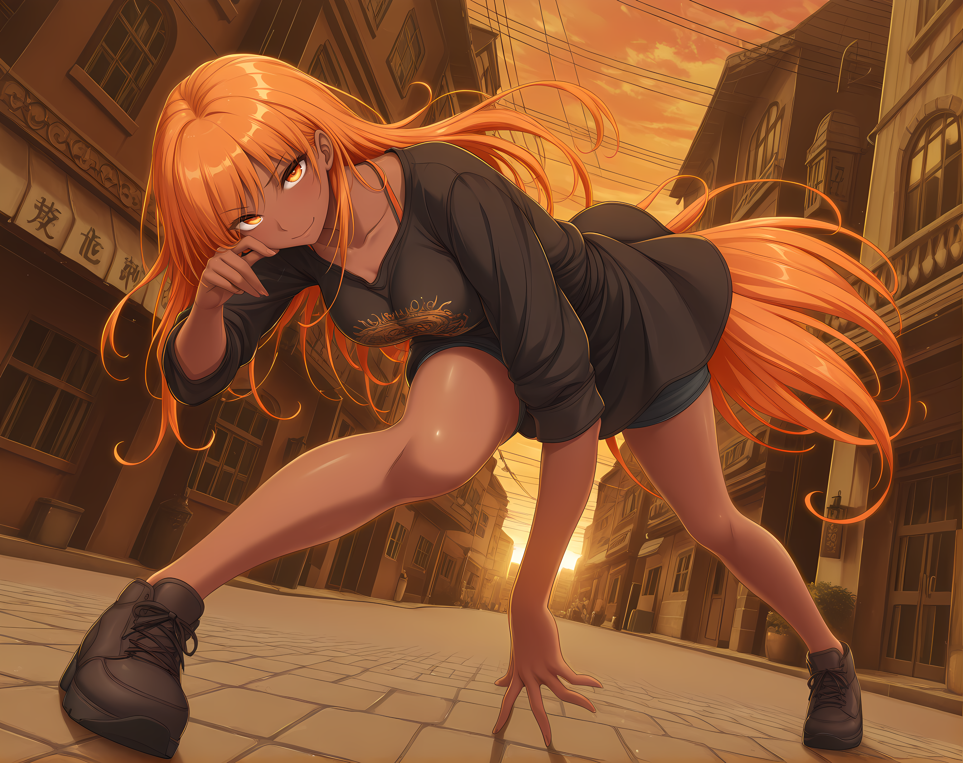 solo,<lora:AgnaGaretta:1>,agna,dark-skinned female,long hair,light skin,beautiful detailed eyes,correct anatomy,dynamic pose,teasing,borderline erotic,vivid colors,casual clothing,city street,evening,warm lighting,live style,interesting composition,low angle,full body shot,hands visible,legs,, masterpiece,best quality,amazing quality, very aesthetic, absurdres,detailed eyes,ultra-detailed,