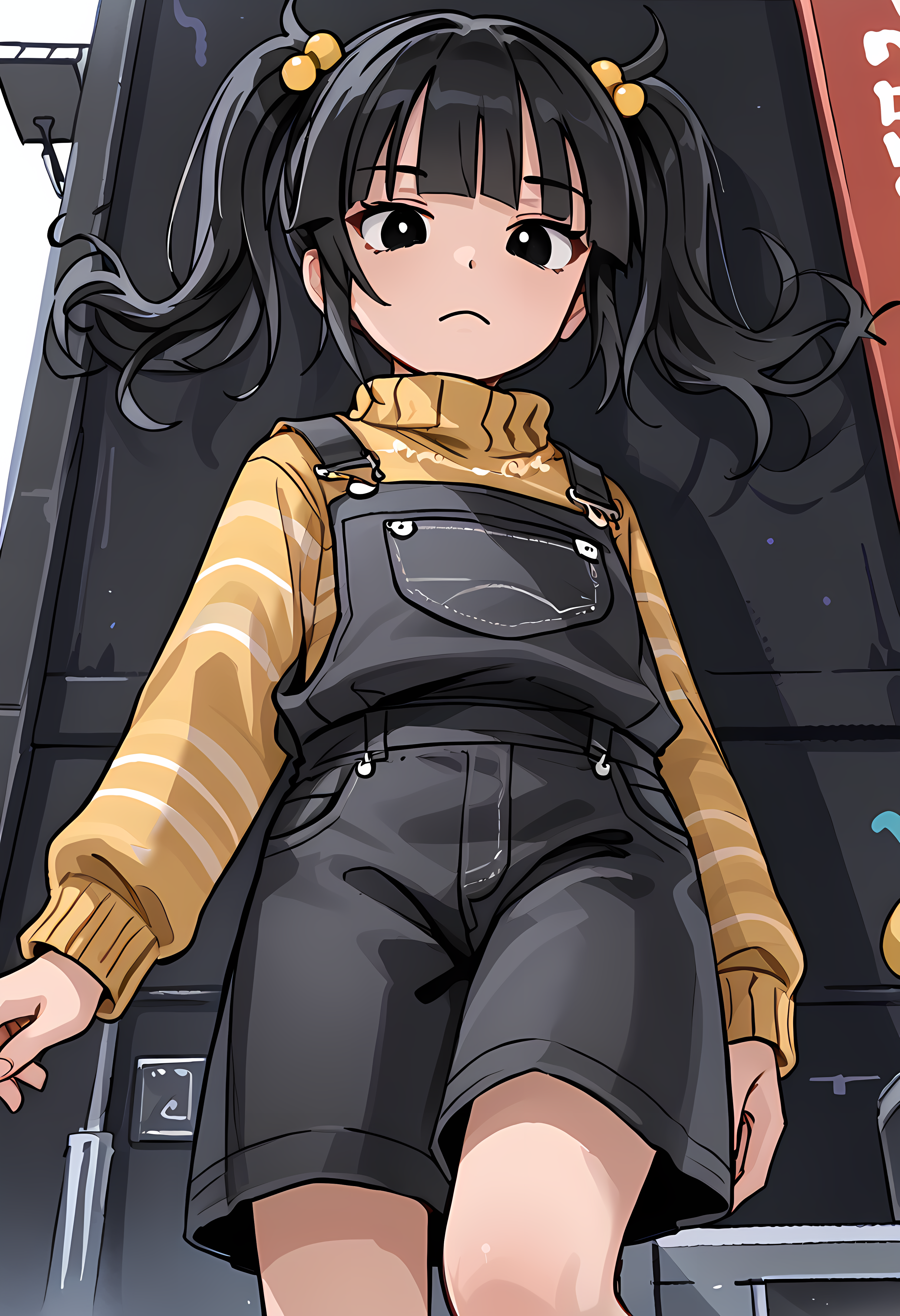 <lora:cassidy_v3:1>a drawing of a cartoon female wearing overalls 1girl, black hair, twintails, overalls, solo, black eyes,, hair ornament, sweater, looking at viewer, bangs, long sleeves,  closed mouth,cassidy,pizzaria,stting,leg on leg,from below,skirt,