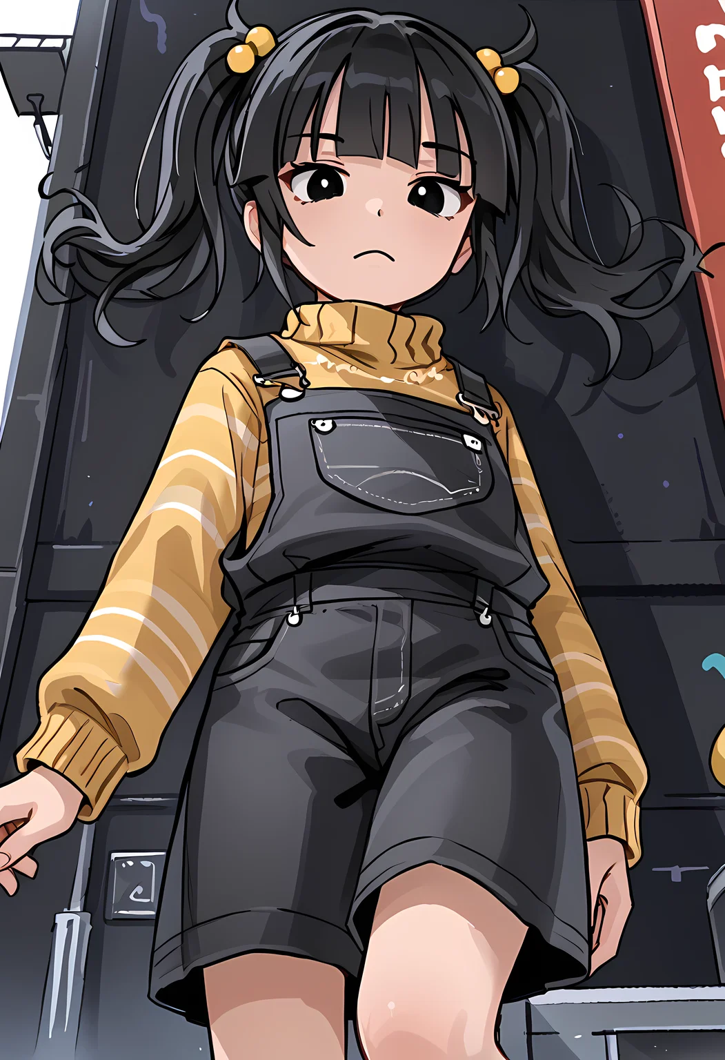 <lora:cassidy_v3:1>a drawing of a cartoon female wearing overalls 1girl, black hair, twintails, overalls, solo, black eyes,, hair ornament, sweater, looking at viewer, bangs, long sleeves, closed mouth,cassidy,pizzaria,stting,leg on leg,from below,skirt,
