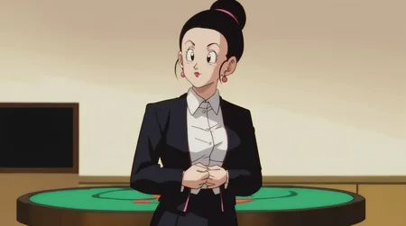 source_anime, score_9, score_8_up, score_7_up, anime screencap, absurdres, official style, 
1girl, solo, breasts, 
chi-chi, buu saga, single hair bun, black hair, hair pulled back, hair bun, black eyes, earrings, standing, 
black tuxedo, casino, indoors, 
 <lora:chichi_pony_v3e20:0.8>