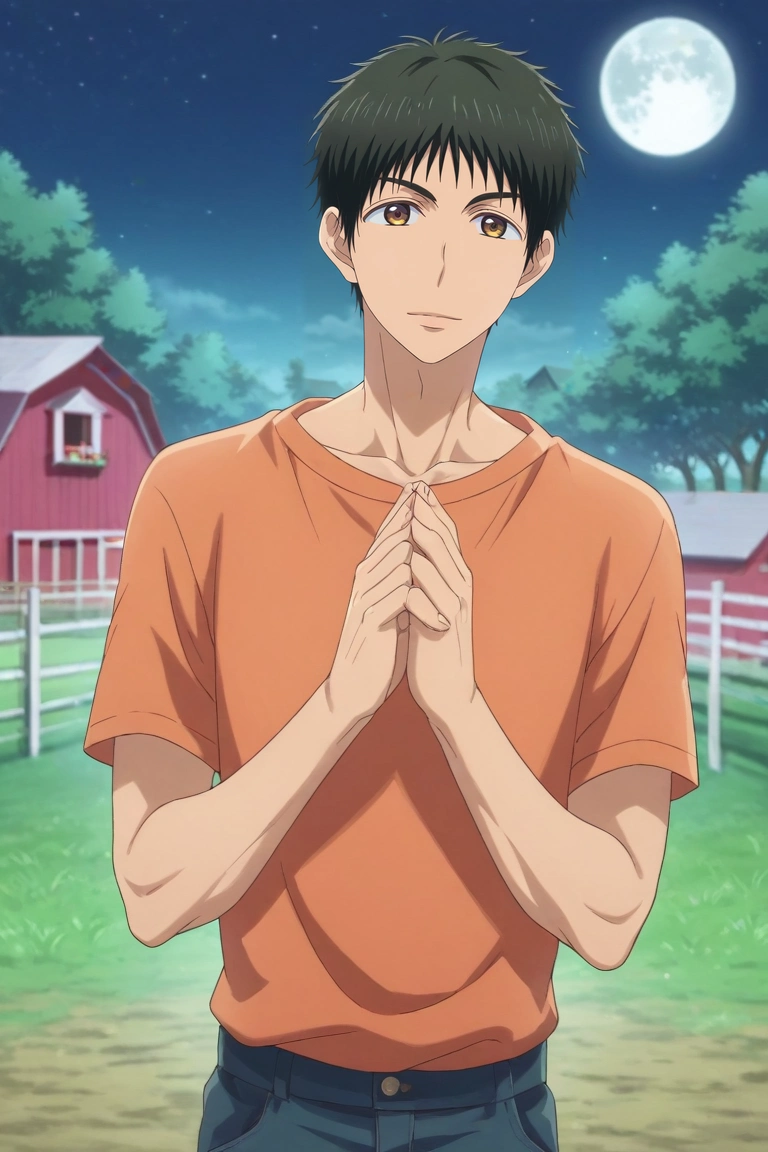 score_9, score_8_up, score_7_up, source_anime, rating_safe, intricate details, (realistic:0.6), , depth of field, 1boy, solo, male focus, <lora:yuusuke_igarashi_pony:0.96>, yuusuke_igarashi, black hair, brown eyes, short hair, symmetry, farm, plantation, night, full moon, own hands together, happy, , <lora:sdxl_lightning_8step_lora:1>