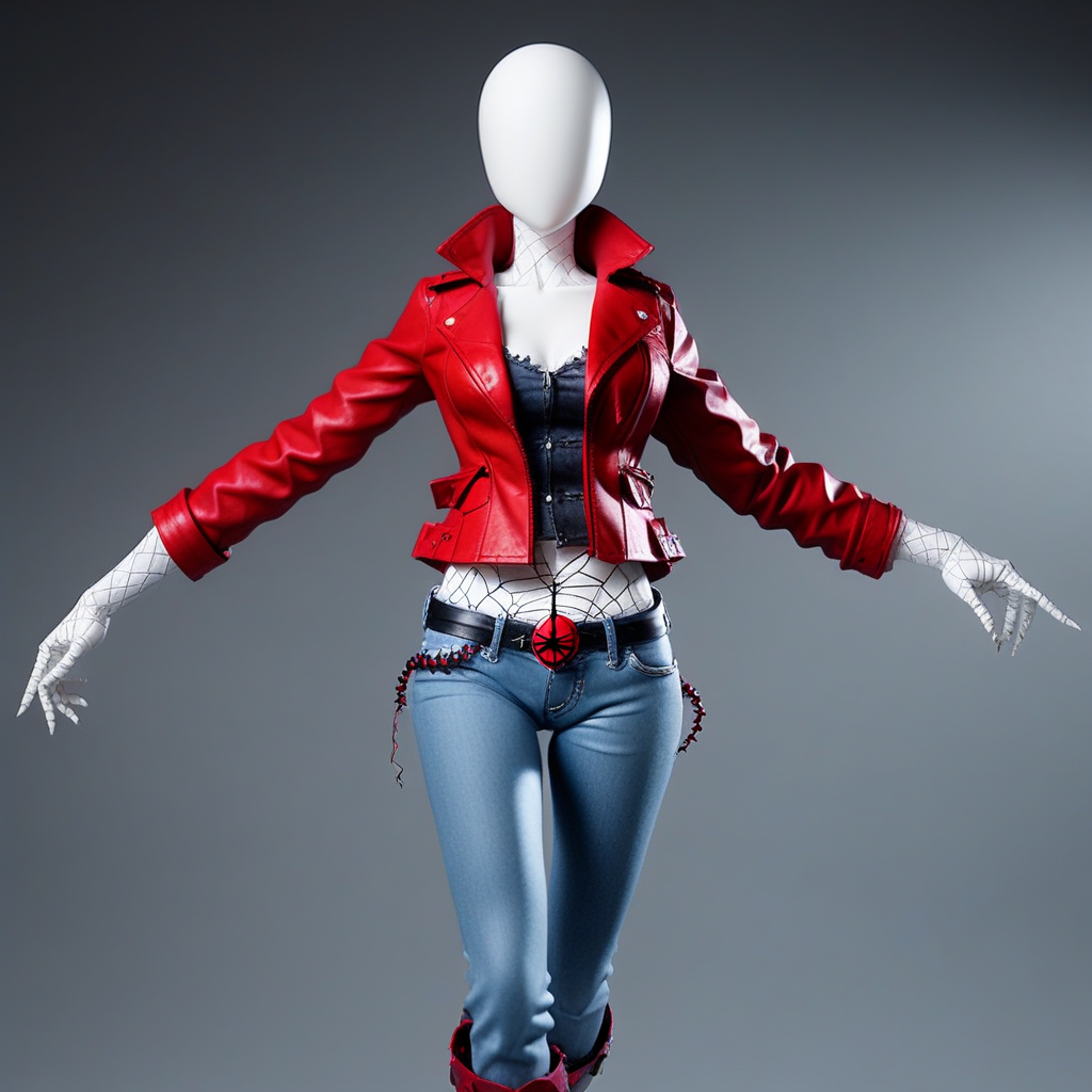 doll joints, denim, spider web, faceless, belt, covered navel, white background, red jacket, arm support, leather pants, blurry, egghead, upper body