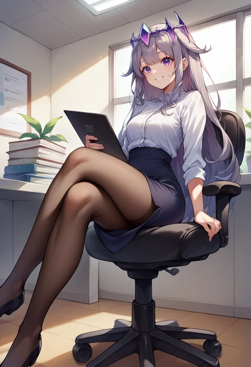 score_9, score_8_up, source_anime, 1girl, solo, KosekiBijou, long hair, hair flaps, floating headpiece, indoors, office lady, office chair, sitting, crossed legs, miniskirt, black pantyhose, dress shirt, smile, <lora:ChamKosekiBijouPonyXL:1>