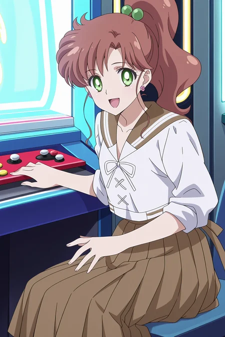 anime screencap, anime coloring, detailed face, perfect fingers, masterpiece, best quality, very aesthetic, absurdres, volumetric lighting,
outside, in an arcade, girl playing an arcade machine, arcade joystick,
<lora:Sailor_Jupiter_Sailor_Moon_reboot_series_art_style:1>
Sailor Jupiter (character), 1girl, kino makoto, hair bobbles, solo, green eyes, school uniform, ponytail, hair ornament, earrings, serafuku, brown hair, jewelry, brown pleated skirt, looking at the viewer, sitting, smile, :D