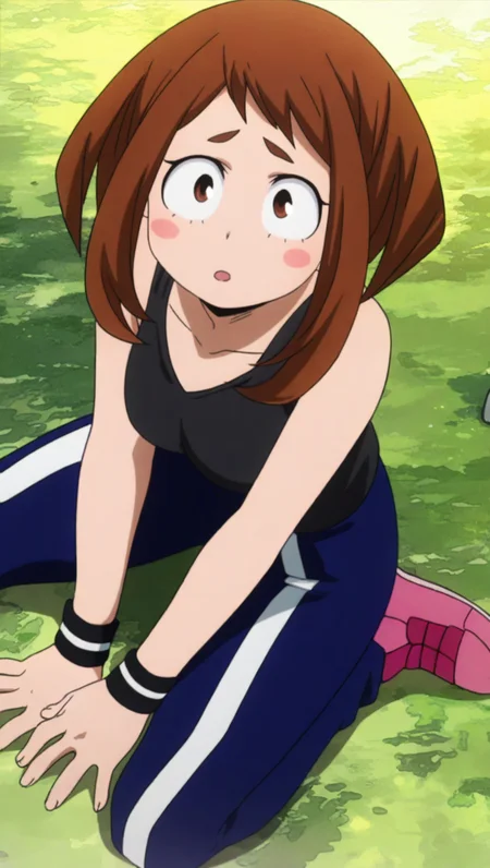 source_anime, masterpiece, best quality, amazing quality, anime screencap, high quality, 8k, absurdres, official style, 1girl, solo, looking at viewer, sitting on ground, :o, blush stickers, <lora:Ochako_Uraraka_iL:1>, 0ch4k0 ur4r4k4, brown eyes, brown hair, sidelocks, short hair, tournament outfit, blue and white pants, pink shoes, pink footwear, wristband, no jacket, black tank top,